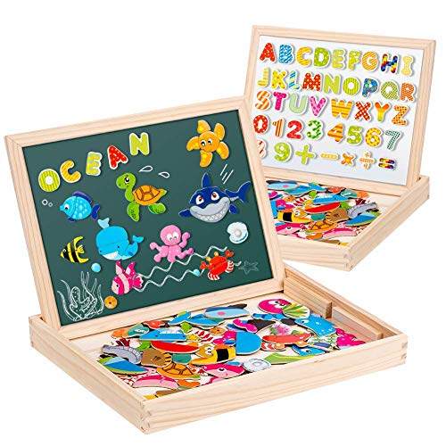 Uping magnetisches Holzpuzzle Staffelei doppelseitige Tafel Holzbrett Doodle 90 Puzzel- und 40 Buchstaben-Teile für Kinder ab 3 Jahre Ozean von Uping