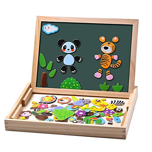 Uping magnetisches Holzpuzzle Staffelei doppelseitige Tafel Holzbrett Doodle 100 Stücke für ab 3 jahre Kinder Wald and Tier von Uping