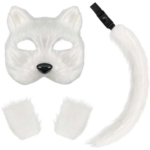 Upiulote 3 PCS Therian Mask Faux Furry Mask Tail Gloves Set Half Face Fox with Adjustable Buckle Exquisite Wolf for Cosplay Fancy Costume Party White Therian von Upiulote