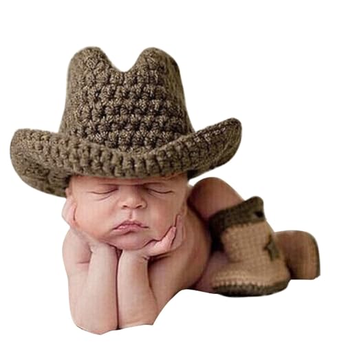 2 Stück Neugeborenen Baby Fotografie Requisite, Baby Fotoshooting Kostüm Newborn Cowboy Hut Stiefel Baby Fotografie Häkel Stricken Kostüm Outfit Fotografie Prop für 0-2 Monate Kleinkind Jungen Mädchen von Uposao