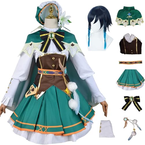 Spiel Genshin Impact Venti Cosplay Kostüm, Genshin Themed Venti Halloween Komplettset Dienstmädchenkleid Kimono Umhang mit Zubehör, Venti Cosplay Outfits Anzug Robe Lolita Kleid von UqaBs