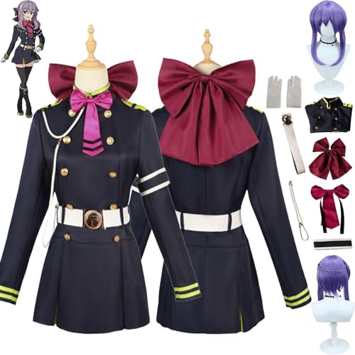 UqaBs Anime Seraph Of The End Shinoa Hiiragi Cosplay Kostüm Outfit Schwarze Uniform Komplettset Halloween Karneval Dress Up Anzug mit Kopfschmuck Perücke von UqaBs