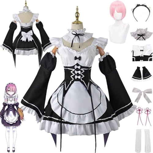 UqaBs Dienstmädchenkleid für Frauen, Dienstmädchenkleid, Anime, langes Kleid, schwarz-weißes Schürzenkleid, Cosplay-Kostüm für vier Jahreszeiten, mit Perücke von UqaBs