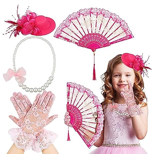 Uqezagpa 4-teiliges Teeparty-Kostüm-Zubehör für Mädchen, inklusive Halloween-Fascinator-Hut und kurzen Spitzenhandschuhen, Kunstperlen-Halskette von Uqezagpa