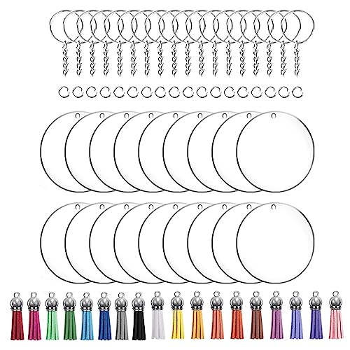 Uqezagpa Acrylschlüsselkäse Blanks 72/96pcs Clear Keychains Acrylblanks Quasten Sprungringe Für Schlüsselanlagen Keyring Handwerk von Uqezagpa