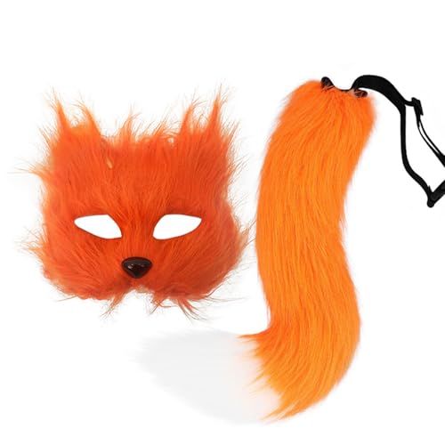 Uqezagpa Füchse und Schwanz-Set mit Plüschohren, Tier-Cosplay-Kostüm, Zubehör für Halloween, Weihnachten, Partys, Erwachsene, Kinder, Plüschkatzen, halbes Gesicht von Uqezagpa