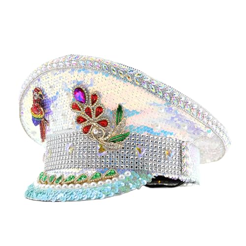 Uqezagpa Glitzernder Pailletten-Kostümhut für Brautparty, Cosplay, Party, Blingbling Kapitänshut, Bühnenauftritte, Marine-Blickfang-Party von Uqezagpa