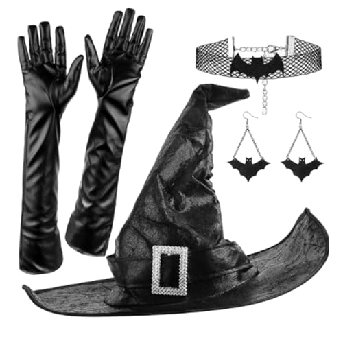 Uqezagpa Halloween-Party, Hexen-Kostüm, Zubehör für Damen, Cosplay, Zaubererhut, lange Handschuhe, Halskette, Urlaub, Rollenspiel, Outfit, Halloween-Kostüm, Hut von Uqezagpa