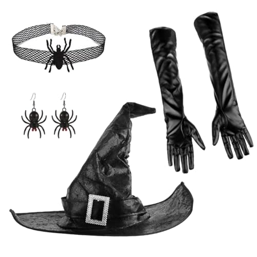 Uqezagpa Halloween-Party, Hexen-Kostüm, Zubehör für Damen, Cosplay, Zaubererhut, lange Handschuhe, Halskette, Urlaub, Rollenspiel, Outfit, Halloween-Kostüm, Hut von Uqezagpa
