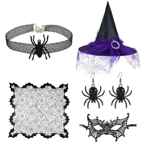 Uqezagpa Hexenkostüm, Hut, Auge, Choker, Halskette, Ohrringe für Maskerade, Erwachsene, Halloween-Kostüm, Zubehör, Halloween, Hexen-Outfit von Uqezagpa