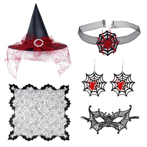 Uqezagpa Hexenkostüm-Zubehör für Damen, mit Hut, Auge, Choker, Halskette, Ohrringe für Damen, Halloween, Maskerade, Cosplay, Halloween-Outfit von Uqezagpa
