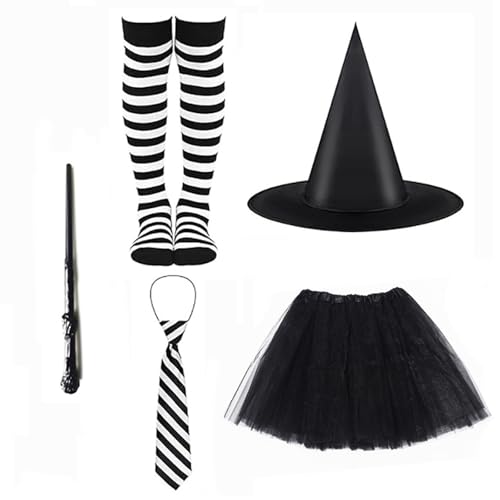 Uqezagpa Hexenkostüm-Zubehör für Kinder, Halloween-Kostüm, inklusive Hut, Rock, Strumpf, Krawatte und Zauberstab, Halloween-Ausrüstung Uqezagpa Hexenkostüm-Zubehör für Kinder, Halloween-Kostüm, inklusive Hut, Rock, Strumpf, Krawatte und Zauberstab, Halloween-Ausrüstung von Uqezagpa