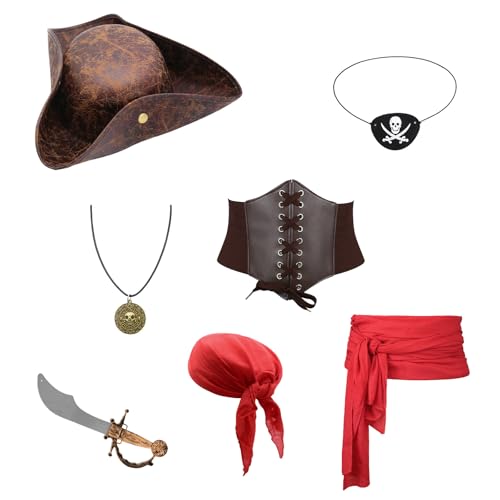 Uqezagpa Karibanisches Piraten-Kopfbedeckungs-Set, 7-teilig, atmungsaktiver Stoff, Partyzubehör, Halloween-Kostüm für Erwachsene, bequemes Piratenkostüm, Kopfbedeckung Uqezagpa Karibanisches Piraten-Kopfbedeckungs-Set, 7-teilig, atmungsaktiver Stoff, Partyzubehör, Halloween-Kostüm für Erwachsene, bequemes Piratenkostüm, Kopfbedeckung von Uqezagpa