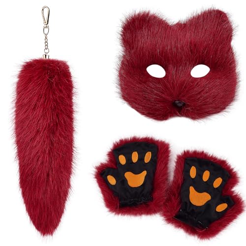 Uqezagpa Mehrzweck-Schlüsselanhänger-Set, robust, Plüsch-Füchse und Handschuhe, tragbar, für Halloween, Party, Cosplay von Uqezagpa