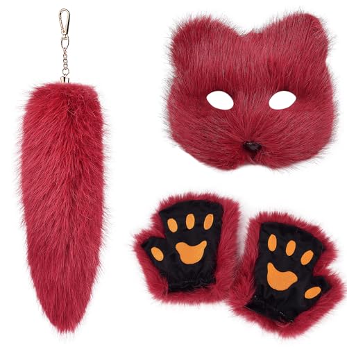 Uqezagpa Mehrzweck-Schlüsselanhänger-Set, robust, Plüsch-Füchse und Handschuhe, tragbar, für Halloween, Party, Cosplay von Uqezagpa