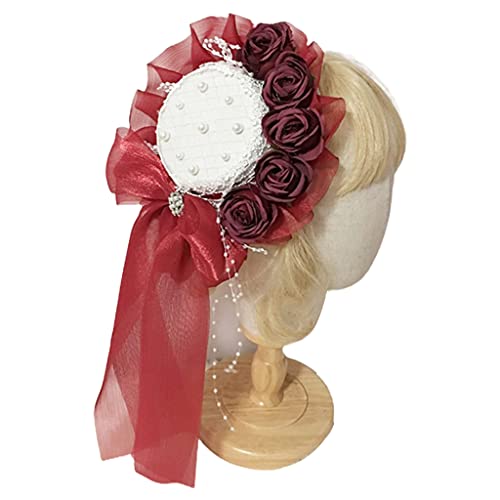 Uqezagpa Süßer Perlen-Spitzenhut mit Rosenblütenband und Schleife, Kopfschmuck, Cosplay, Haarschmuck, Haarschmuck, Blau von Uqezagpa