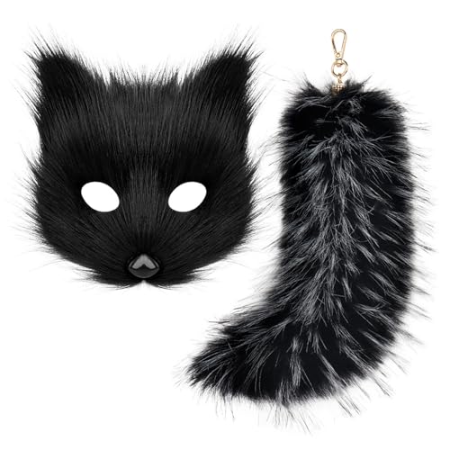Uqezagpa Wolf-Füchse Gesichtsbedeckung, Kostüm und Tierschwanz, Schlüsselanhänger, Dekorationsset für Kinder, Erwachsene, Frauen, Mädchen, Halloween, Verkleidung von Uqezagpa
