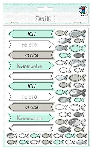 Ursus 56919204F - Stanzteile, Ich feiere meine Kommunion, mint/taupe, 312 Stanzteile, einseitig bedruckt, teilweise folienveredelt, mit 200 Klebepads, ideal zum Verzieren von Einladungskarten von Ursus