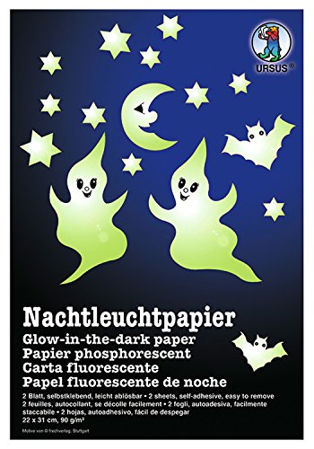 Ursus 15000000 - Nachtleuchtpapier, fluoreszierendes Papier, ca. 22 x 31 cm, 2 Blatt, 90 g/qm, selbstklebend, leicht ablösbar, ideal zum Basteln für die Halloweenzeit von Ursus