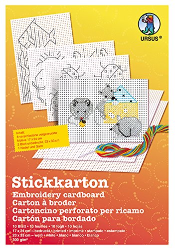 Ursus 15260000 - Stickkarton Bastelset, weiß, ca. 23 x 33 cm, aus Fotokarton 300 g/qm, Set mit 8 Blatt in verschiedenen Motiven, 2 Blatt ohne Druck, Strickgarn und Nadel, Mittel Ursus 15260000 - Stickkarton Bastelset, weiß, ca. 23 x 33 cm, aus Fotokarton 300 g/qm, Set mit 8 Blatt in verschiedenen Motiven, 2 Blatt ohne Druck, Strickgarn und Nadel, Mittel von Ursus