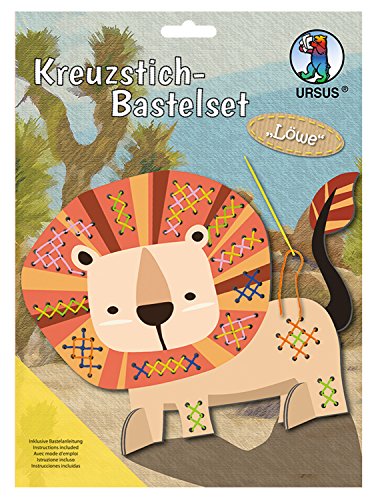 Ursus 21420008F - Kreuzstich Bastelset, Löwe,Tiermotiv Aufsteller ca. 21 x 18 cm, Garn in 5 verschiendenen Farben, je 8 m lang, inklusive Bastelanleitung, für Jungen und Mädchen von Ursus