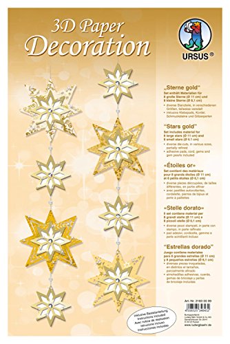 Ursus 21830099 3D Paper Dekoration Sterne, gold, Material für 8 große und 8 kleine Sterne, inklusive Bastelanleitung, ideal als winterliche Wand -, Fenster -, und Raumdekoration von Ursus