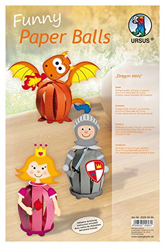 Ursus 23290099 - Funny Paper Balls Dragon story, Material für 6 Funny Paper Balls, Durchmesser ca. 7 8 cm, 30 Papierstreifen mit Zubehör, vorgelocht, inklusive Bastelanleitung, für Kinder von Ursus