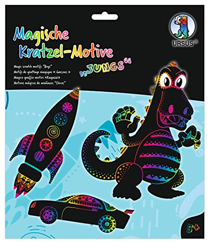 Ursus 24540002F - Magische Kratzel-Motive Jungs, schwarz, mit Regenbogen Effekt, 6 Bogen 250 g/qm, inklusive 1 Bambusstift, Stickeraugen und Kratzanleitung, ideal als Geschenk, bunt von Ursus