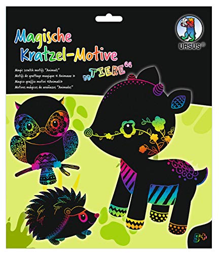 Ursus 24540003F - Magische Kratzel-Motive Tiere, schwarz, mit Regenbogen Effekt, 6 Bogen 250 g/qm, inklusive 1 Bambusstift, Stickeraugen und Kratzanleitung, ideal als Geschenk, bunt von Ursus