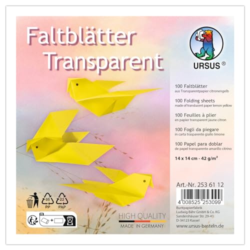 Ursus 2536112 - Faltblätter Transparent Citronengelb, 42 g/m², 100 Faltblätter 14 x 14 cm, durchgefärbt von Ursus