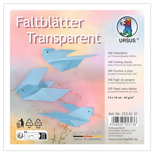 Ursus 2536131 - Faltblätter Transparent Hellblau, 42 g/m², 100 Faltblätter 14 x 14 cm, durchgefärbt von Ursus