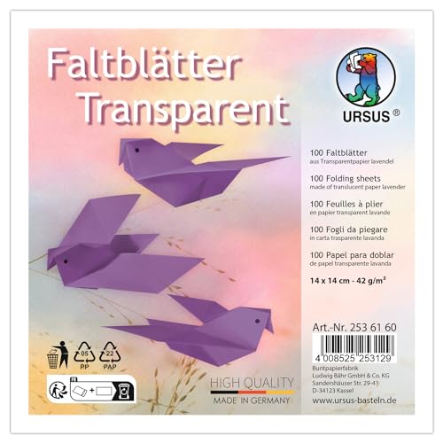 Ursus 2536150 - Faltblätter Transparent Lavendel, 42 g/m², 100 Faltblätter 14 x 14 cm, durchgefärbt Ursus 2536150 - Faltblätter Transparent Lavendel, 42 g/m², 100 Faltblätter 14 x 14 cm, durchgefärbt von Ursus