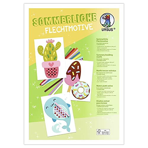 Ursus 28230099F - Sommerliche Flechtmotive, Bastelset für Kinder mit 12 bunten Flechtmotiven (A4) und 160 Papierstreifen, zur kreativen Beschäftigung von Ursus