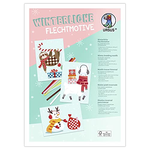 Ursus 28240099F - Winterliche, Bastelset für Kinder mit 12 bunten Flechtmotiven (A4) und 160 Papierstreifen, zur kreativen Beschäftigung von Ursus