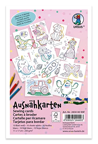 Ursus 28300099F - Ausnähkarten für Kinder, 10 weiße Stickkarten mit vorgedruckten Motiven zum Aussticken und Ausmalen, ca. 11 x 17 cm groß von Ursus