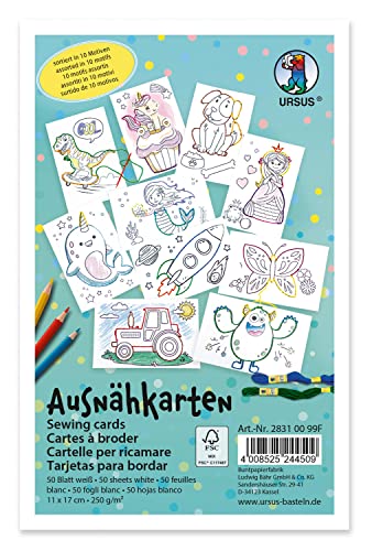 Ursus 28310099F Ausnähkarten für Kinder, 50 weiße Stickkarten mit vorgedruckten Motiven zum Aussticken und Ausmalen, ca. 11 x 17 cm groß, Mittel von Ursus