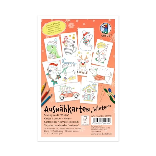 Ursus 28330099F - Ausnähkarten für Kinder, Winter, ca. 11 x 17 cm, zum Aussticken und Ausmalen von 10 weißen Motivkarten, aus Bastelkarton 250 g/m² von Ursus