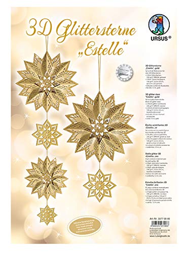 Ursus 33770000 - Glitterstern 3D Estelle, gold, Material für 3 Sterne, in verschiedenen Größen, inklusive Sternen Accessoires und Bastelanleitung, ideal für die weihnachtliche Bastelzeit von Ursus