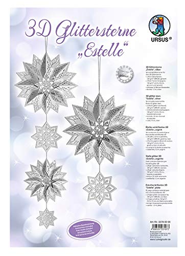 Ursus 33780000 - Glitterstern 3D Estelle, silber, Material für 3 Sterne, in verschiedenen Größen, inklusive Sternen Accessoires und Bastelanleitung, ideal für die weihnachtliche Bastelzeit von Ursus