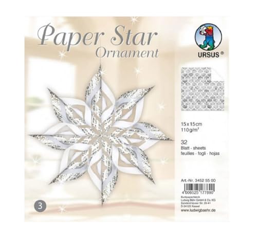 Ursus 34525500 - Paper Star Ornament 3, silber, 32 Blatt, ca. 15 x 15cm, 110 g/qm, vorgestanztes, hochwertiges Bastelpapier mit edlem Perleffekt, folienveredelt, einseitig bedruckt Ursus 34525500 - Paper Star Ornament 3, silber, 32 Blatt, ca. 15 x 15cm, 110 g/qm, vorgestanztes, hochwertiges Bastelpapier mit edlem Perleffekt, folienveredelt, einseitig bedruckt von Ursus