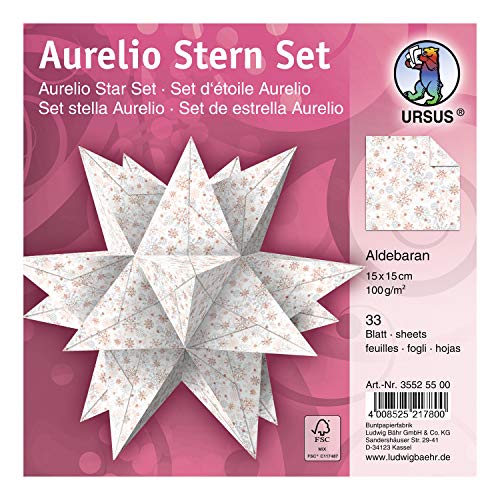 Ursus 35525500F - Faltblätter Aurelio Stern Aldebaran, weiß / rosé, 33 Blatt, aus Shimmer Papier 100 g/qm, ca. 15 x 15 cm, beidseitig bedruckt, Vorderseite mit Veredelung, ideal als Weihnachtsdeko von Ursus