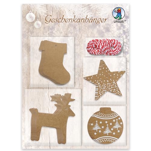 Ursus 41300001F - Geschenkanhänger, Weihnachten 1, 20 Stück, inkl. 3 m Kordel, 4 Motive, Anhänger aus Kraftkarton zum Verzieren und Beschriften Ursus 41300001F - Geschenkanhänger, Weihnachten 1, 20 Stück, inkl. 3 m Kordel, 4 Motive, Anhänger aus Kraftkarton zum Verzieren und Beschriften von Ursus