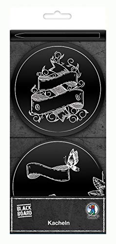 Ursus 42910000 - Tafelfolie Kacheln, rund, matt schwarz mit weißem Motiv, 8 Stück, Durchmesser ca. 10 cm, abwaschbar, schreibbar mit Speckstein, Kreide und Buntstiften, ideal als Tischdeko von Ursus