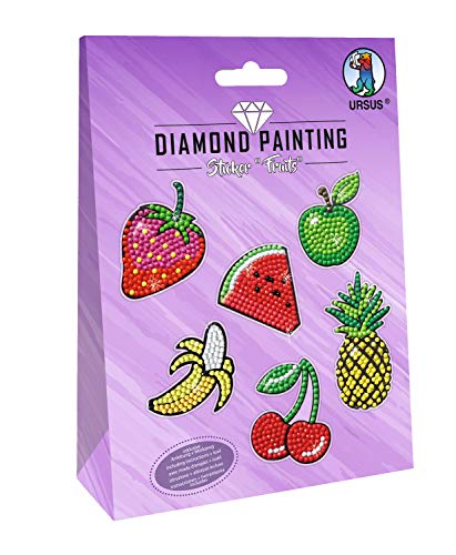 Ursus 43500004 - Diamond Painting Fruits, Stickern mit funkelnden Diamanten, Set mit 2 Stickerbögen in verschiedenen Designs, Diamantensteine, Picker, Wachs und Schale, inklusive Anleitung von Ursus