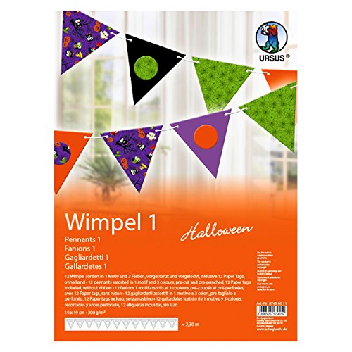 Ursus 57450011 - Wimpel 1, Halloween, ca. 19 x 19 cm, 300 g/qm, dreieckig, 12 Stück in verschiedenen Farben, aus Fotokarton, durchgefärbt, vorgestanzt und vorgelocht, Wimpelkettenlänge ca. 2,30 m Ursus 57450011 - Wimpel 1, Halloween, ca. 19 x 19 cm, 300 g/qm, dreieckig, 12 Stück in verschiedenen Farben, aus Fotokarton, durchgefärbt, vorgestanzt und vorgelocht, Wimpelkettenlänge ca. 2,30 m von Ursus