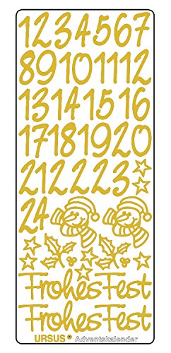 Ursus 593000103 - Kreativ Sticker Adventskalender, gold, 5 Stickerbögen mit Zahlen von 1 bis 24, selbstklebend, leicht abziehbar, zum Nummerieren von selbstgemachten Adventskalendern von Ursus