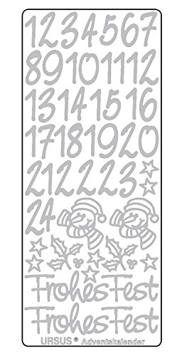 Ursus 593100103 - Kreativ Sticker Adventskalender, silber, 5 Stickerbögen mit Zahlen von 1 bis 24, selbstklebend, leicht abziehbar, zum Nummerieren von selbstgemachten Adventskalendern von Ursus