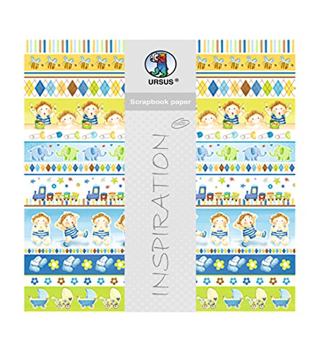 Ursus 703000113 - Premium Glitter Scrapbook paper, Baby boy, ca. 30,5 x 30,5 cm, 190 g/qm, 5 Blatt mit Banderole, beidseitig bedruckt, Vorderseite mit Glitter veredelt, Motiv 113 von Ursus