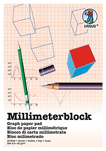 Ursus 7074000 Millimeterblock, DIN A3, 80 g/qm, 25 Blatt, Raster 1 mm, roter Druck, mit Gitternetz, aus holzfreiem, weißen Schreibpapier, ideal für technische Zeichnungen von Ursus