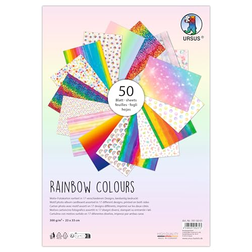 Ursus 7810001 - Fotokarton, Rainbow Colours, 50 Blätter, ca. 23 x 33 cm, 300 g/m², beidseitig bedruckt mit 17 verschiedenen Motiven, aus Frischzellulose, zum vielseitigen Basteln von Ursus